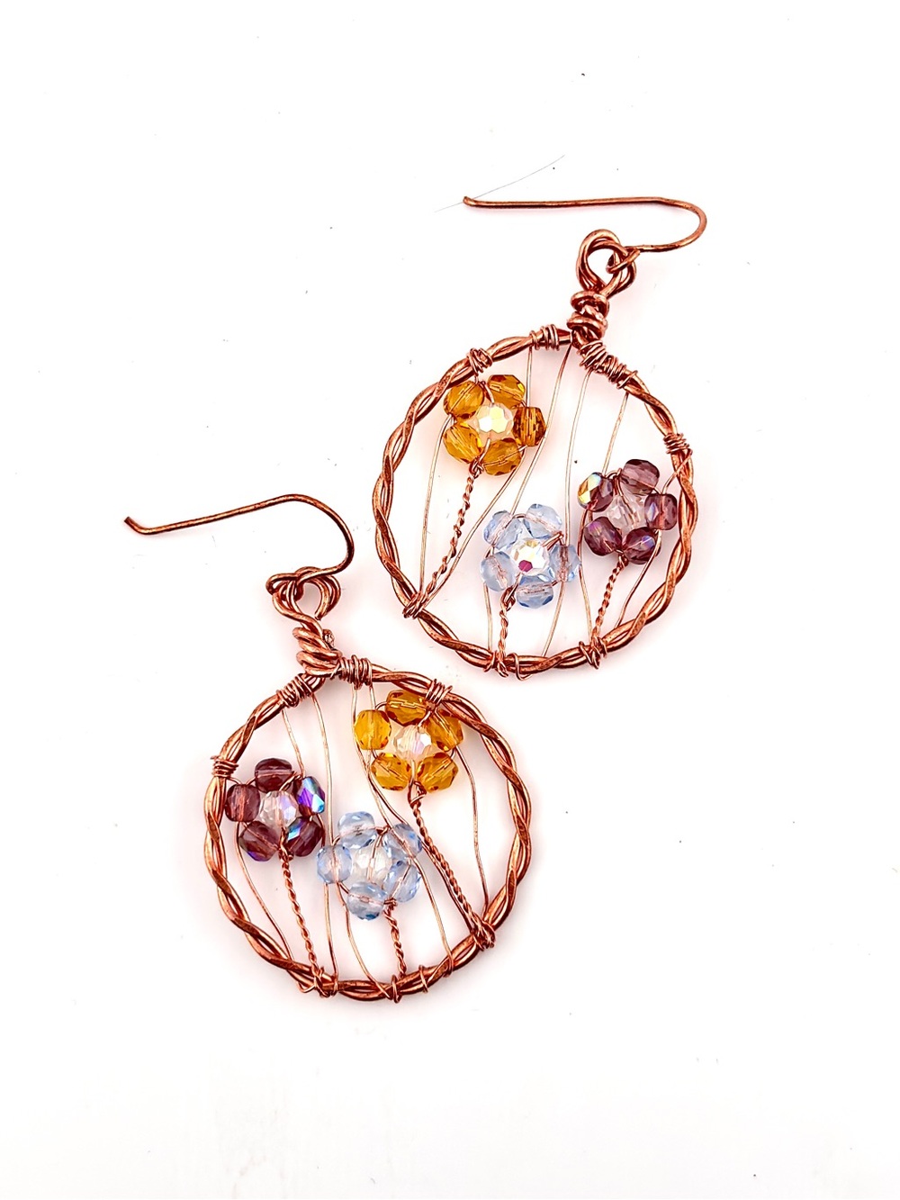 HANDMADE Floral Copper Wire Wrap Dangle Earrings, Artisan Jewelry Gift for Her